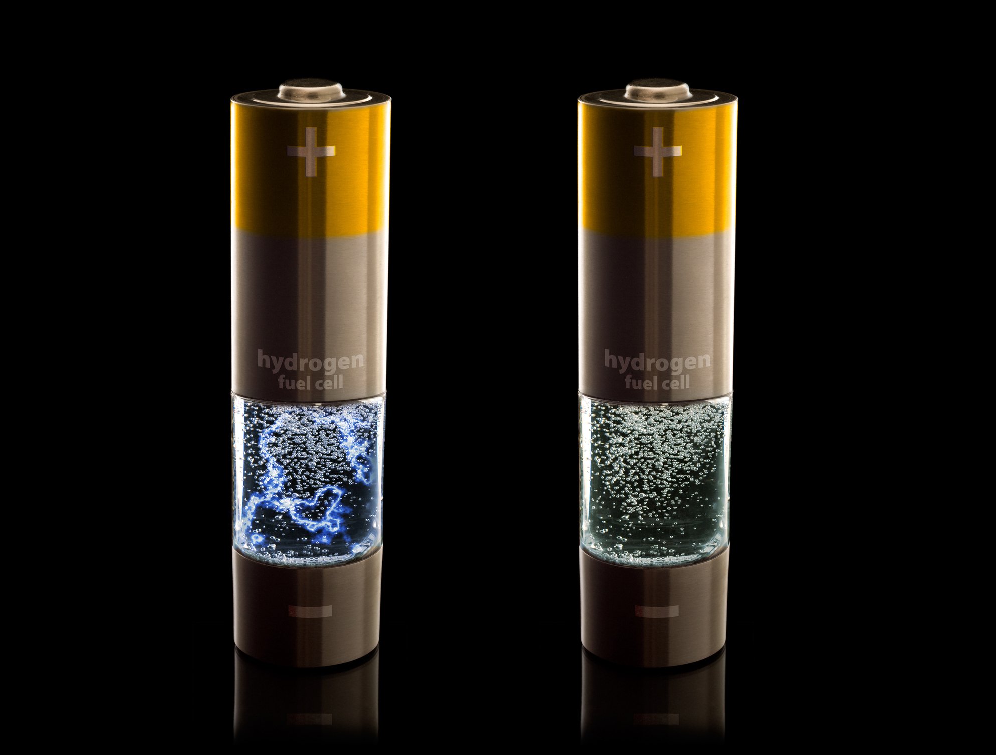 Two household-looking batteries have "hydrogen fuel cell" written on them.
