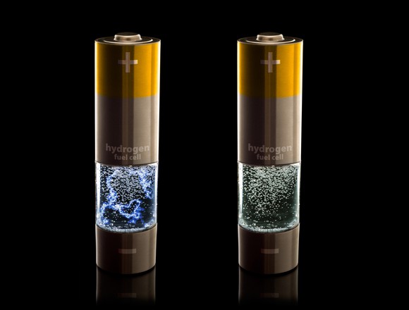 Two household-looking batteries have "hydrogen fuel cell" written on them.
