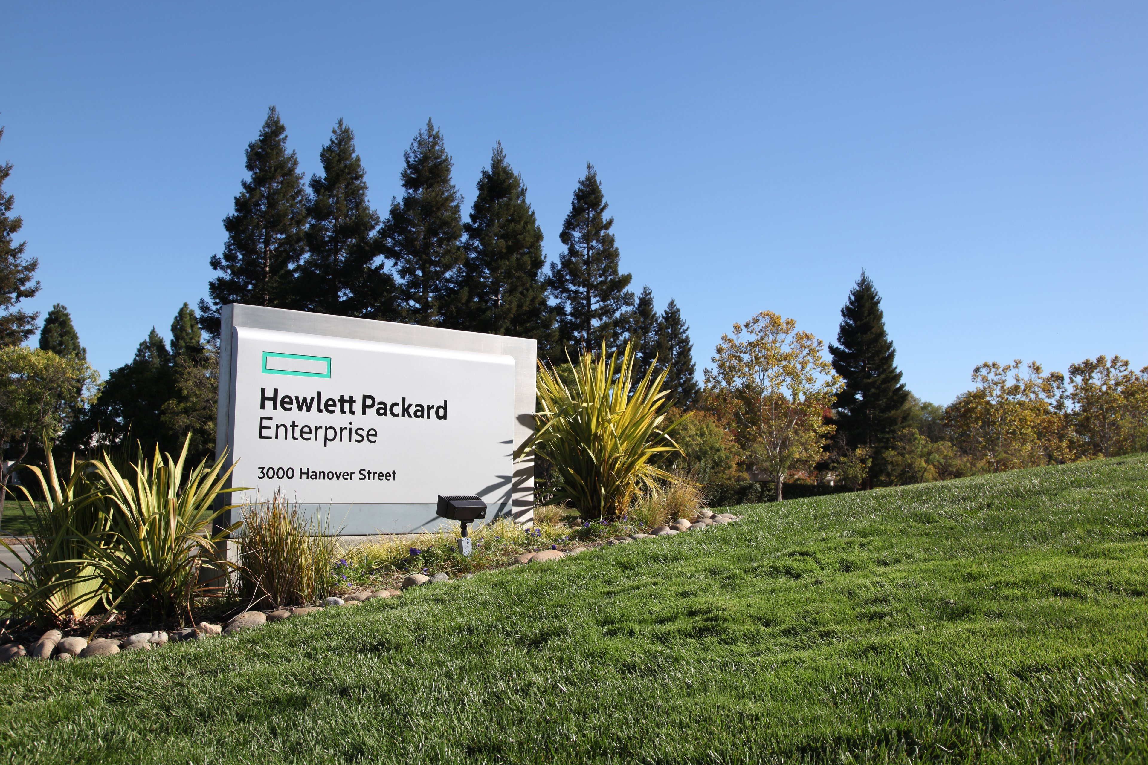 The HP Enterprise sign in front of the company's headquarters.