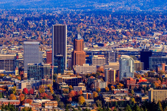The Wells Fargo Center towers over downtown Portland, Oregon.