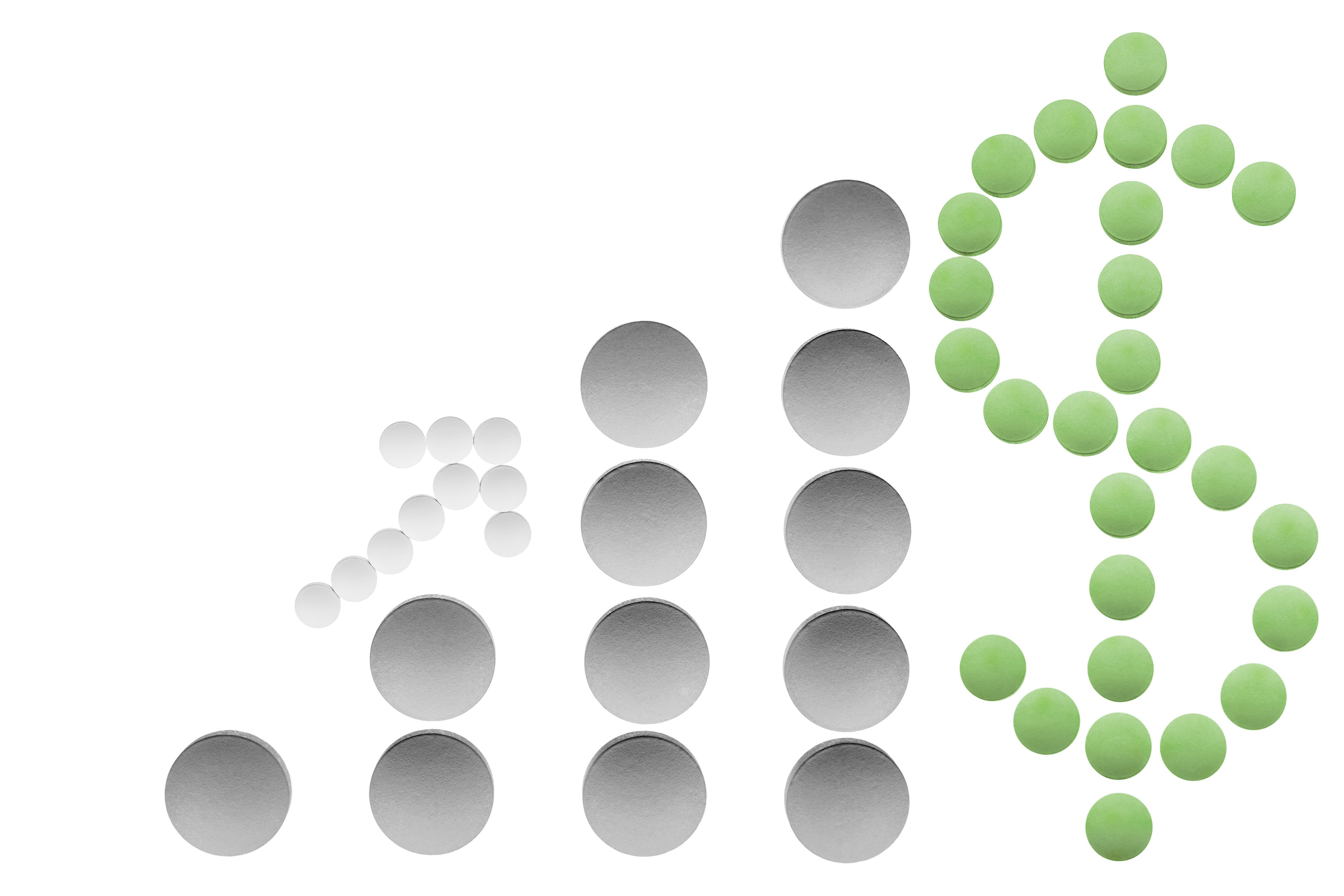 Pills laid out to form a dollar sign and a graph that represents increasing sales.