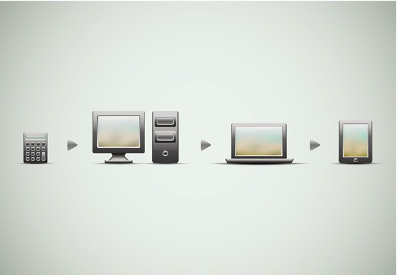 An image representing the evolution of computers, from calculators, to home computers, to laptops, and tablets.
