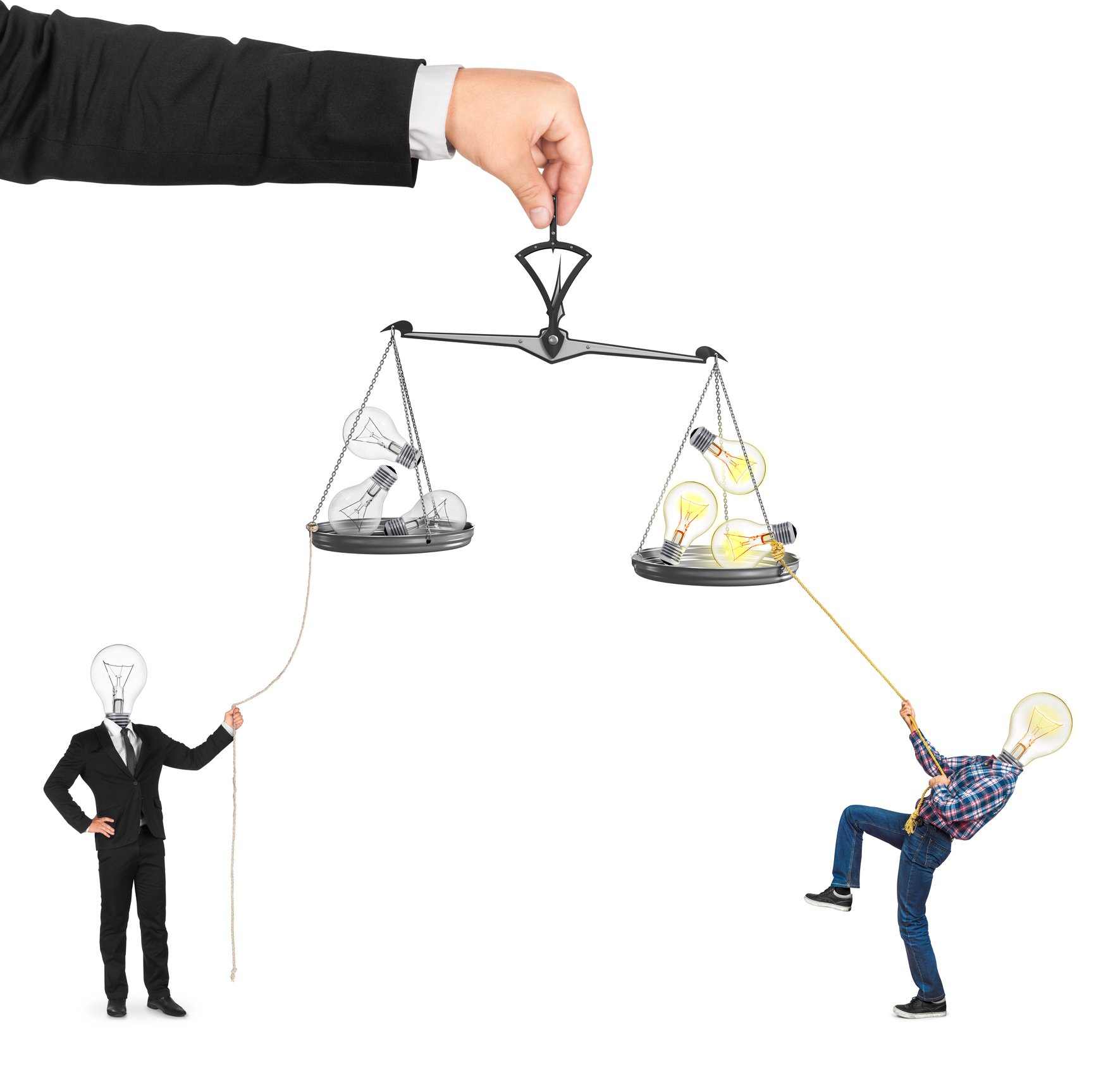 Two people with light bulbs for heads pulling on two sides of a balance scale.