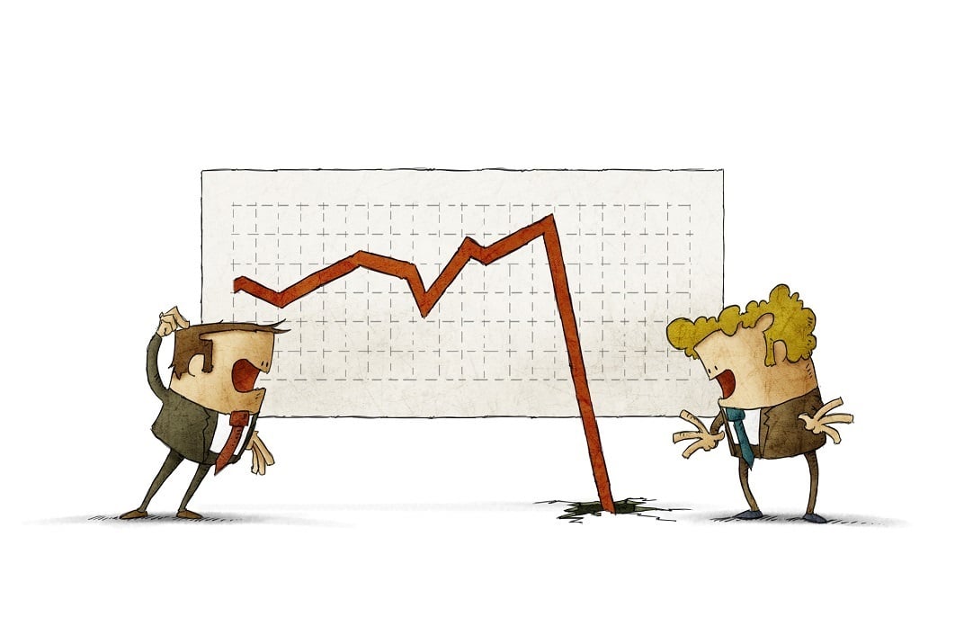 Cartoon of two men arguing in front of a falling line chart
