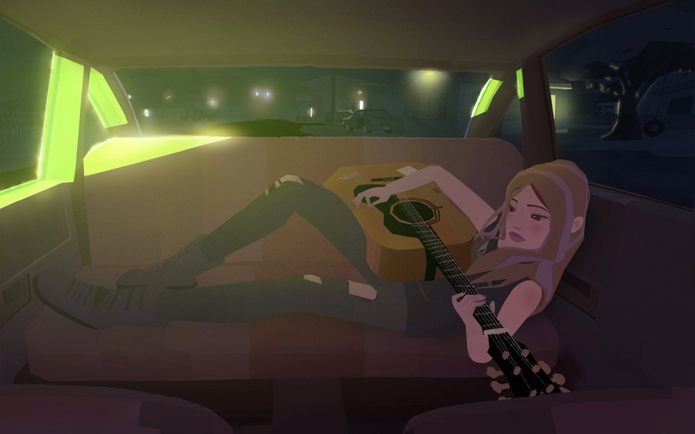 Animated still of Pearl reclining in back seat of car.