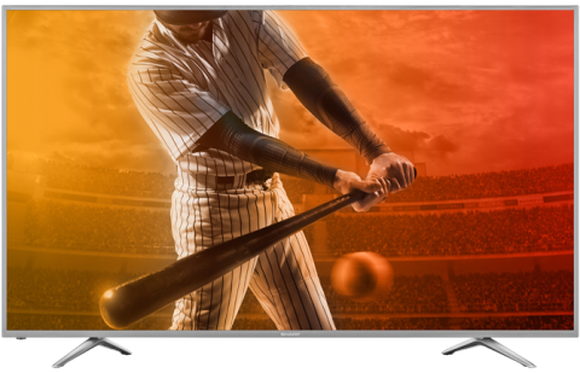 A Sharp 4K UHD TV displaying a baseball player.