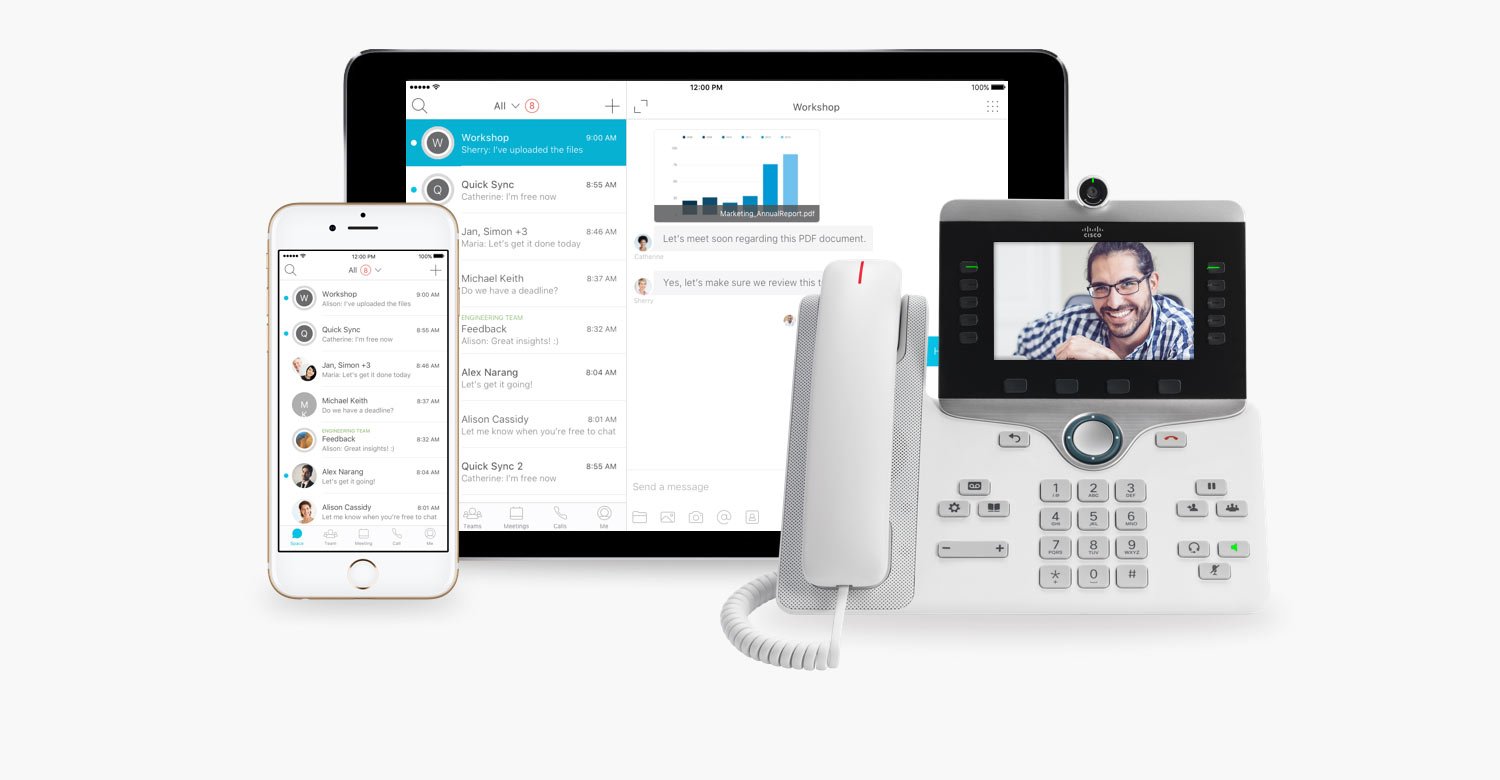 Cisco's Spark collaborative platform displayed on multiple devices.