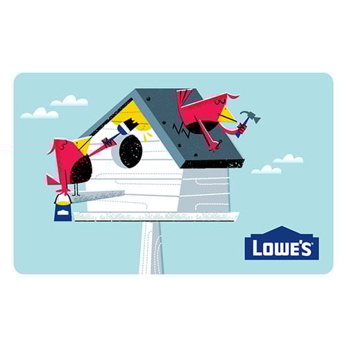 A cartoon of birds feeding at a birdhouse with a Lowe's logo in the bottom-right corner