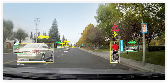 An artist's mockup of the view of a street from the behind the digital dashboard of an NVIDIA-powered self-driving car