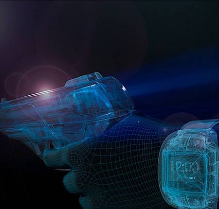 A digital representation of the Armatix smart gun technology that unlocks the weapon with a wrist watch