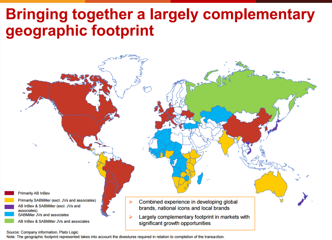 Map showing the markets served by AB InBev and SAB Miller. Coverage across all major markets.