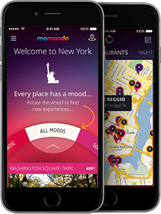 A picture of two smart phones displaying Momondo's online travel app.