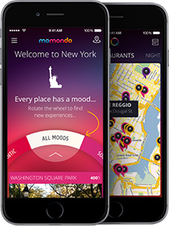 A picture of two smart phones displaying Momondo's online travel app.