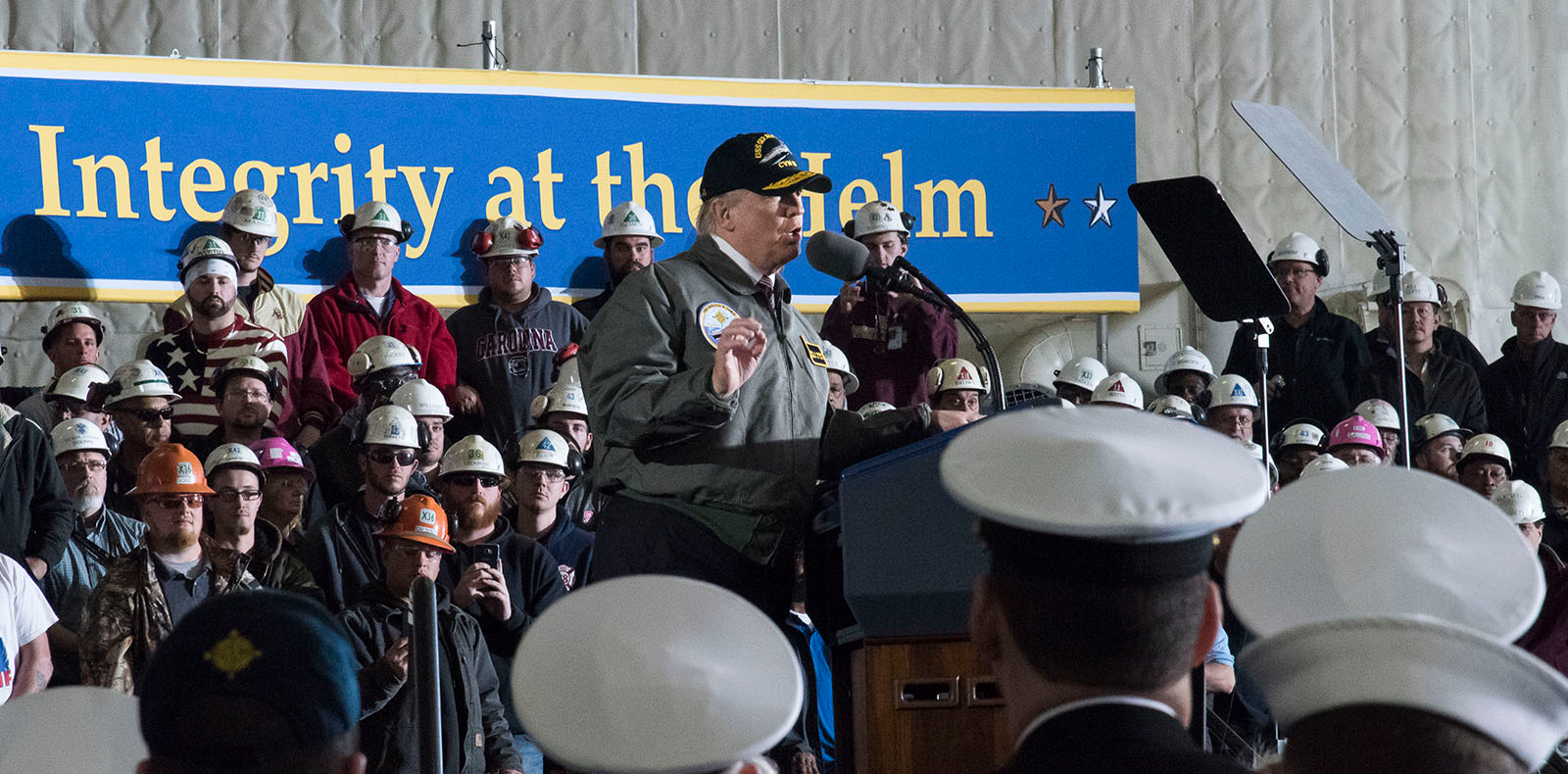 President Trump addresses blue collar workers at an Huntington Ingalls site.