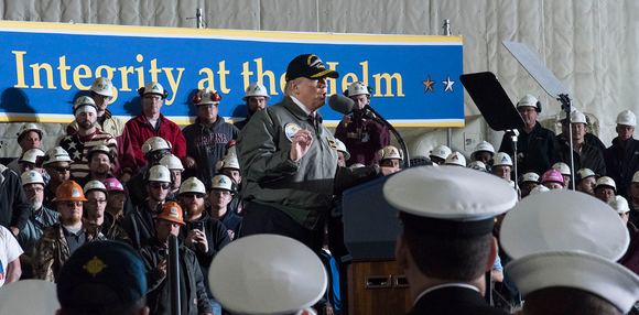 President Trump addresses blue collar workers at an Huntington Ingalls site.
