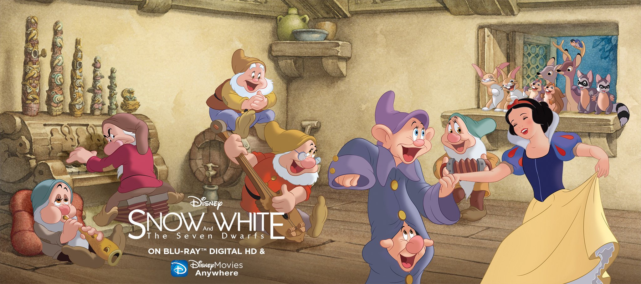 An advertisement for Disney's Classic Snow White film showing Snow White surrounded by the seven dwarves. 