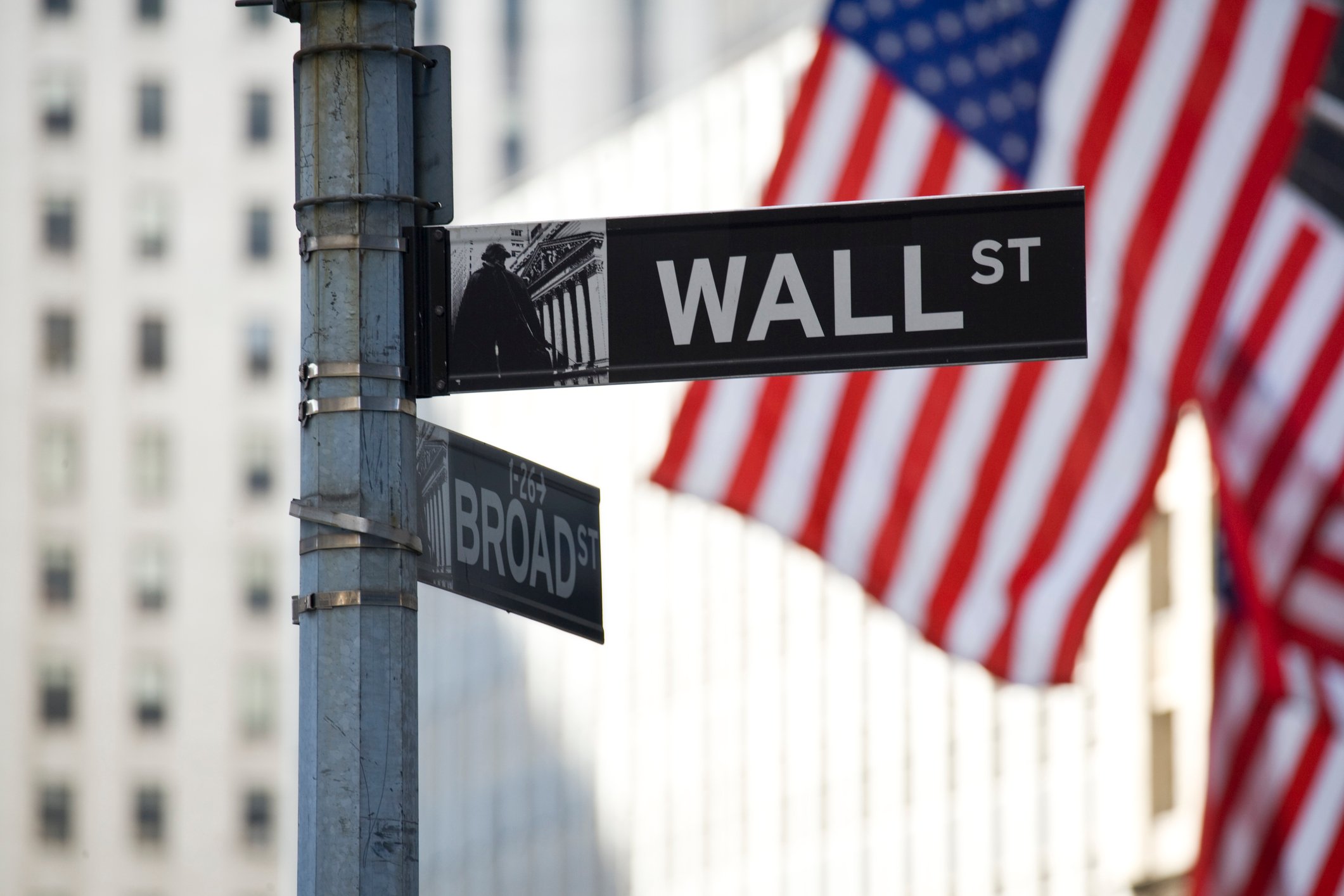 Picture of Wall Street sign with American flag in background.