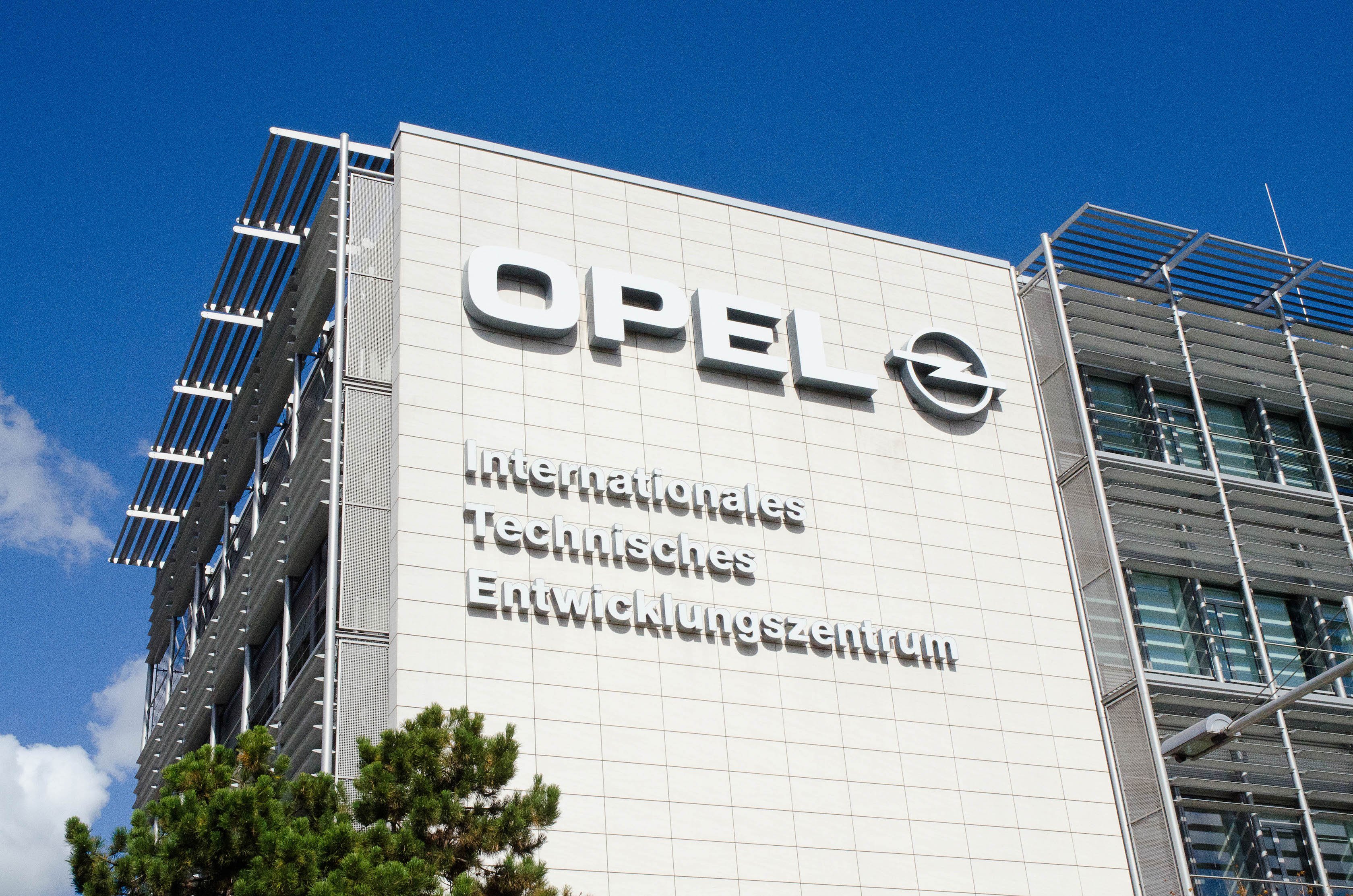 A close-up of the sign on the headquarters building at Opel's engineering center. 