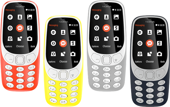 Four Nokia 3310 phones in each of the available color options: red, yellow, dark blue, and silver.