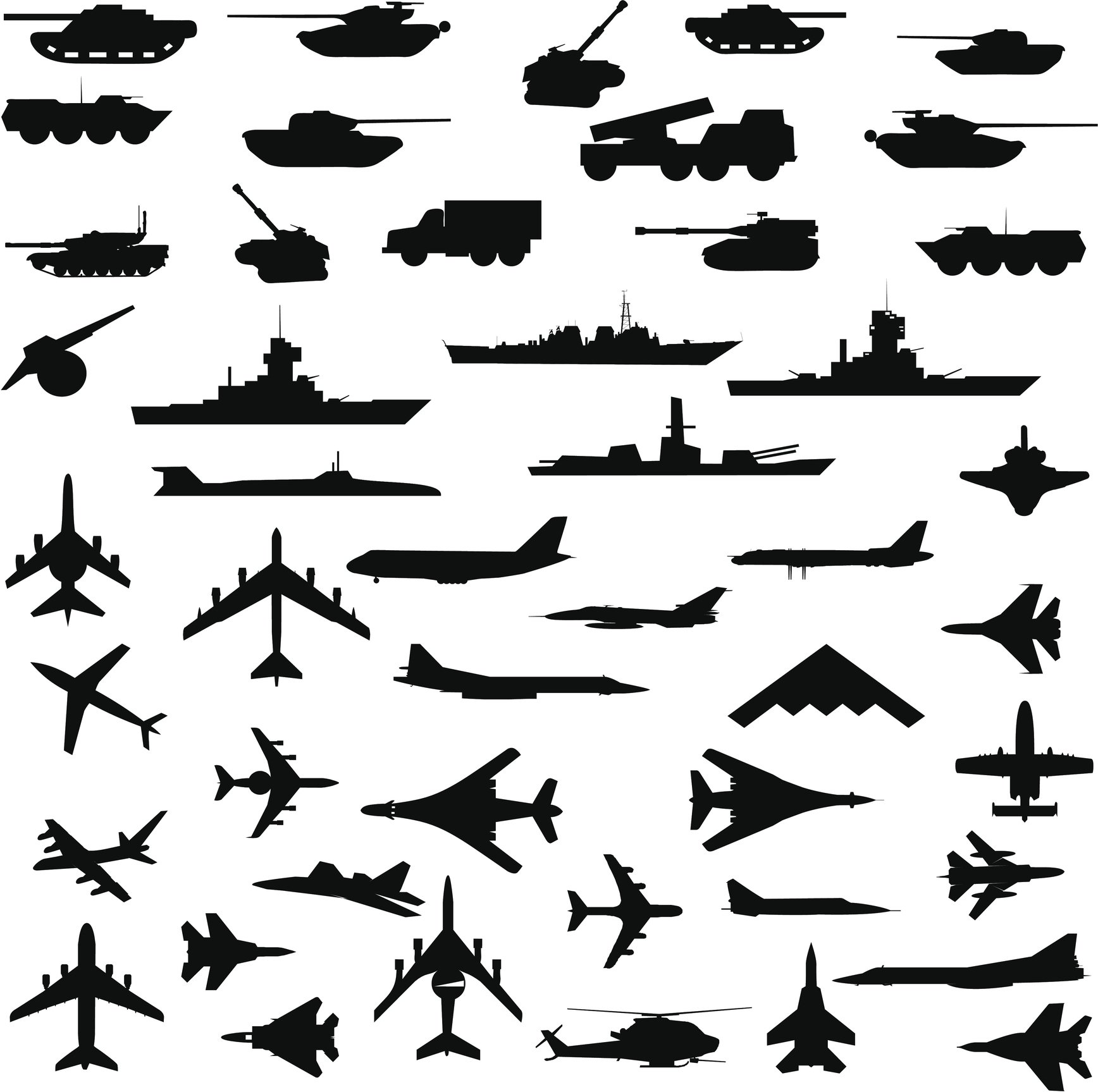 Silhouettes of military planes, tanks, and warships.
