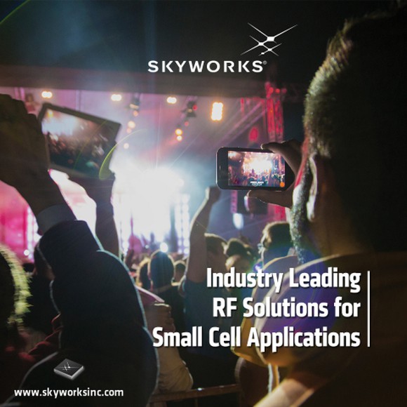 Image showing people taking photos on their phones. Text saying "industry leading RF solutions for small cell applications."