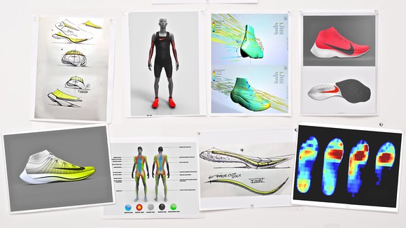 A collage of design concepts for the innovative new Nike running shoes the company hopes will help a runner break a 2 hour marathon. 