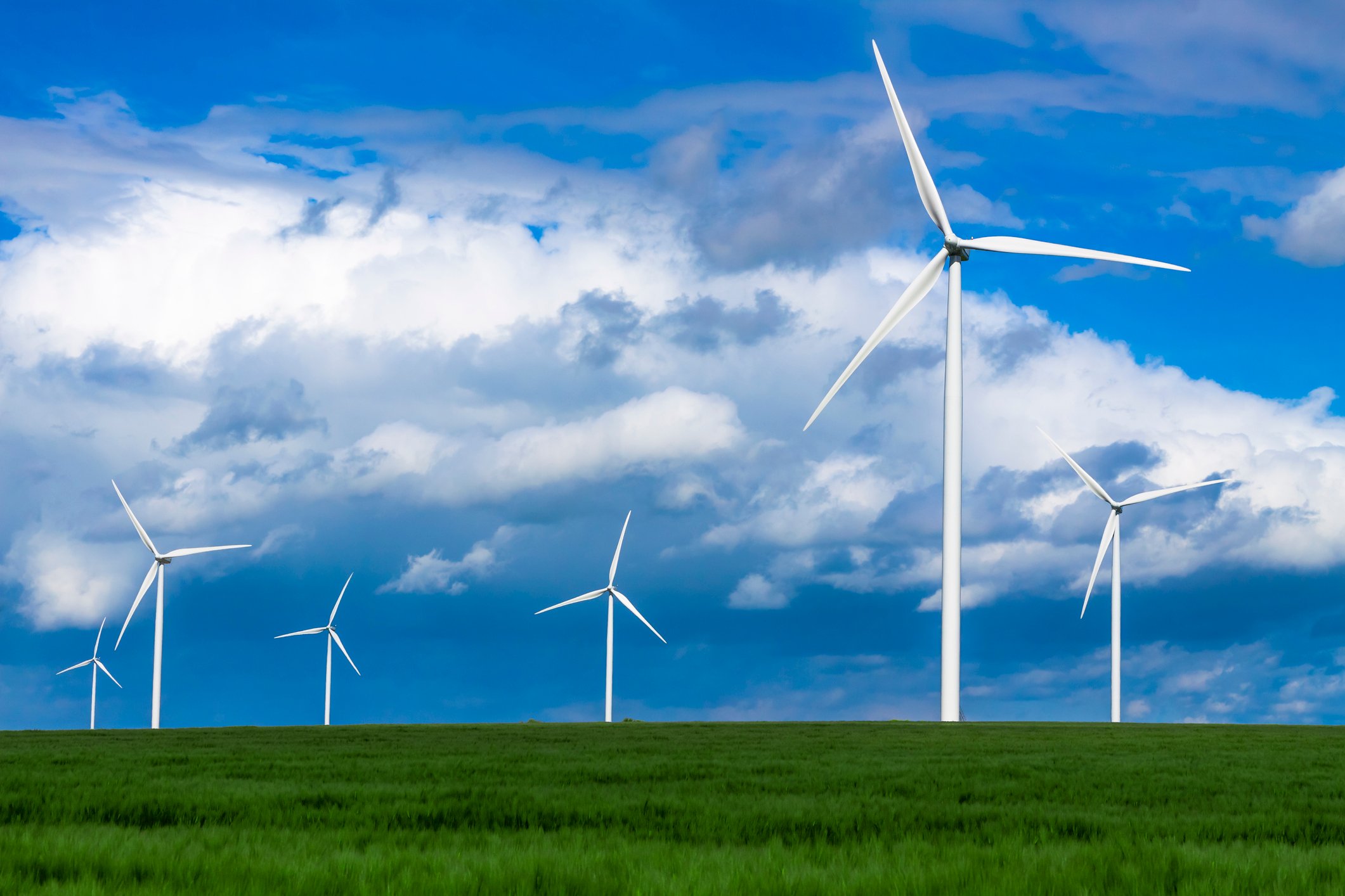 Wind turbines in a green field.
