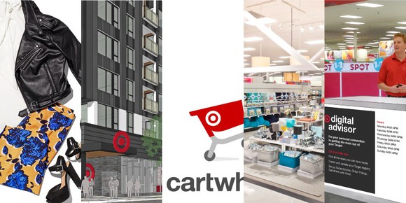 A collage of pictures showing Target-exclusive fashion, a new urban store concept, a red Target shopping cart, and an employee behind a counter.