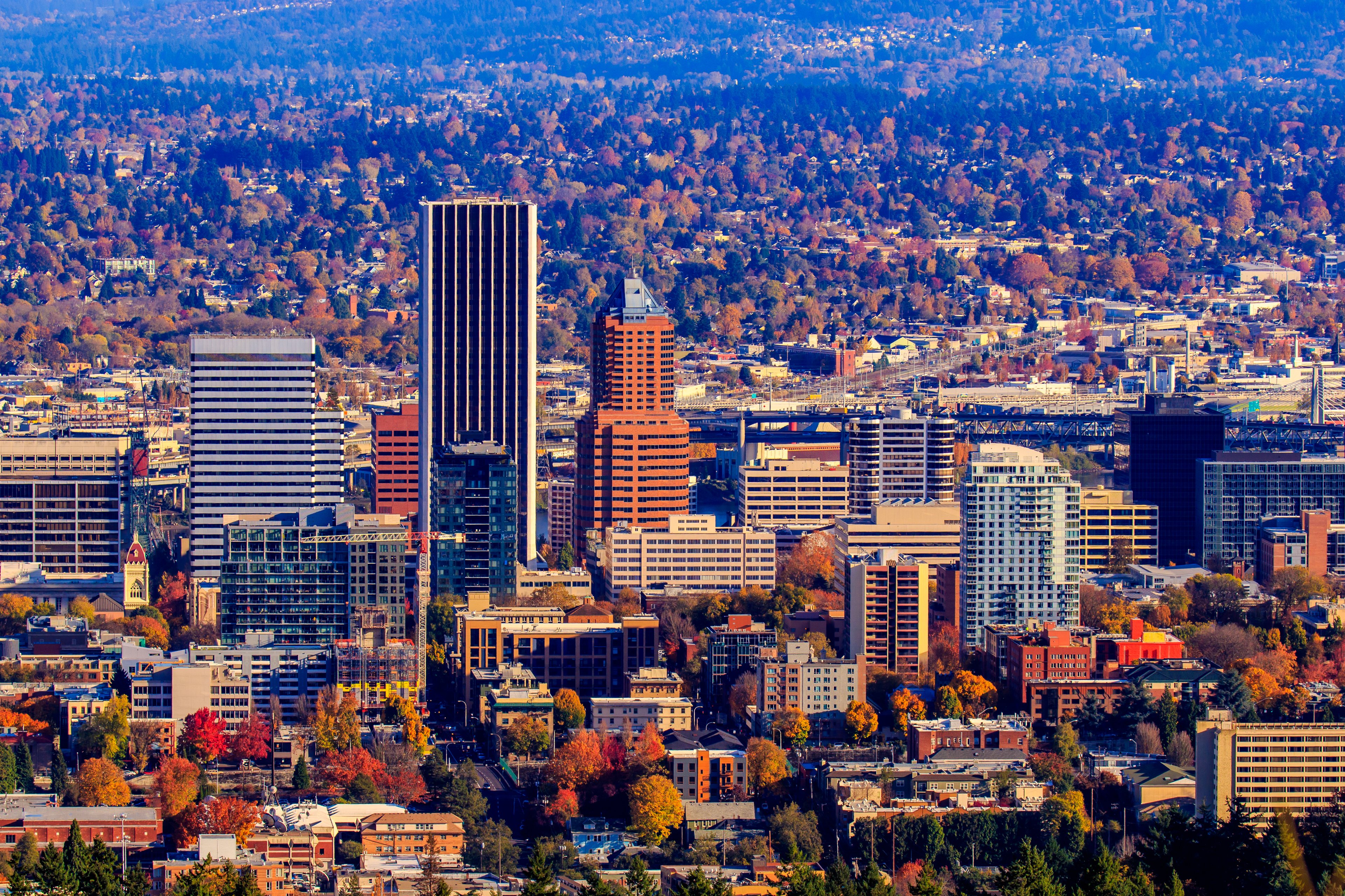 Downtown Portland, Oregon, with the Wells Fargo building towering over it.