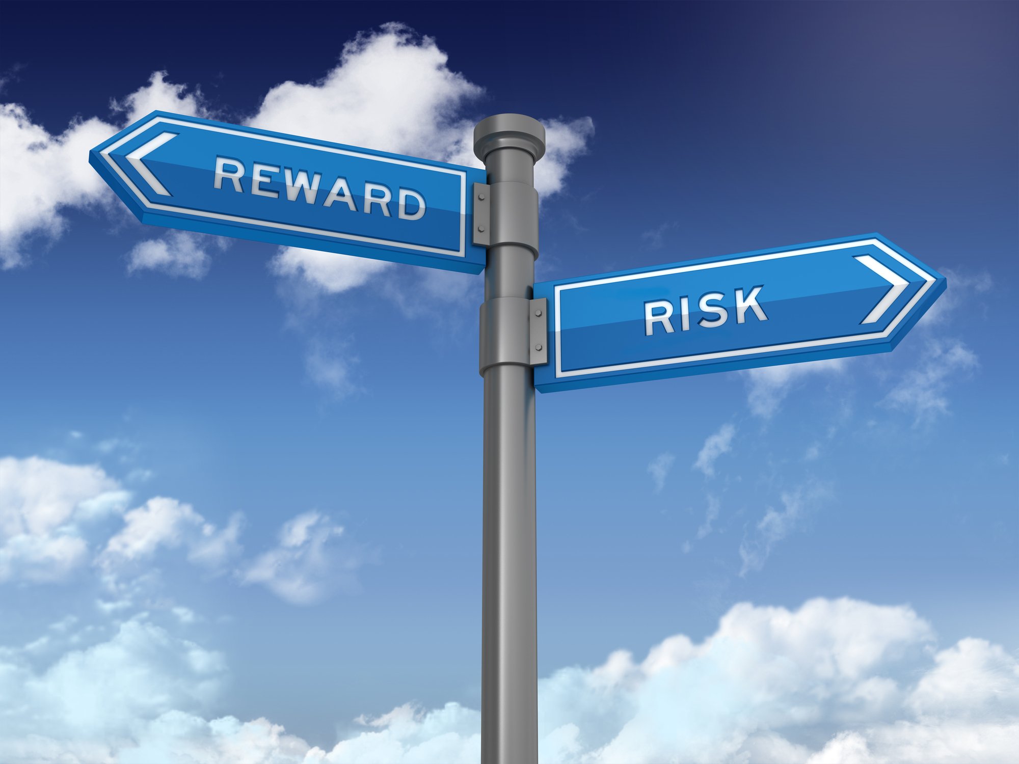 A directional sign showing reward in one direction and risk in the other.