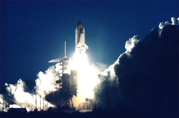 A space shuttle launching.