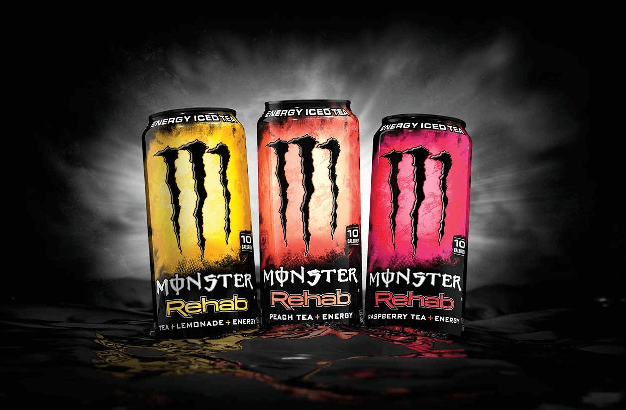 Three cans of Monster Rehab.