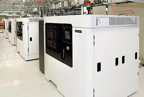 A line of Stratasys' Fortus 3D printers.
