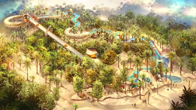 Aerial concept art view of Miss Adventure Falls.