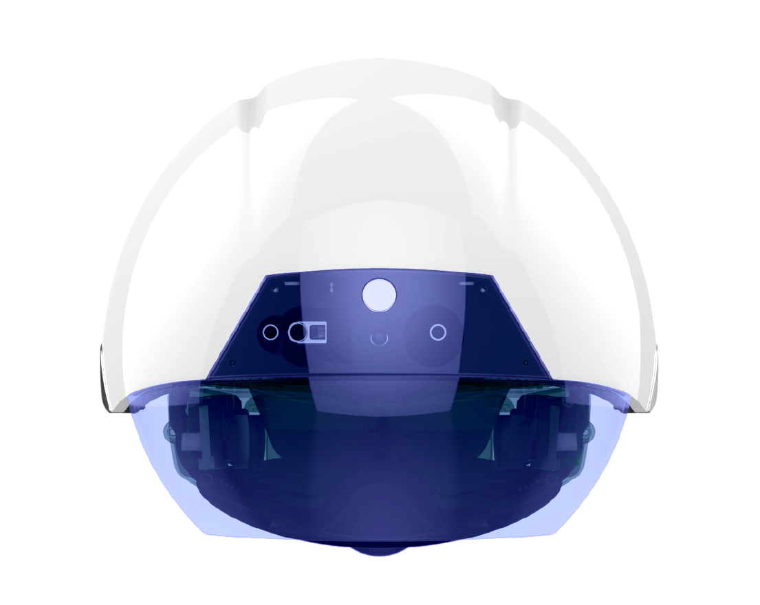 The new DAQRI smart helmet, which looks like a white hard hat with a blue visor.