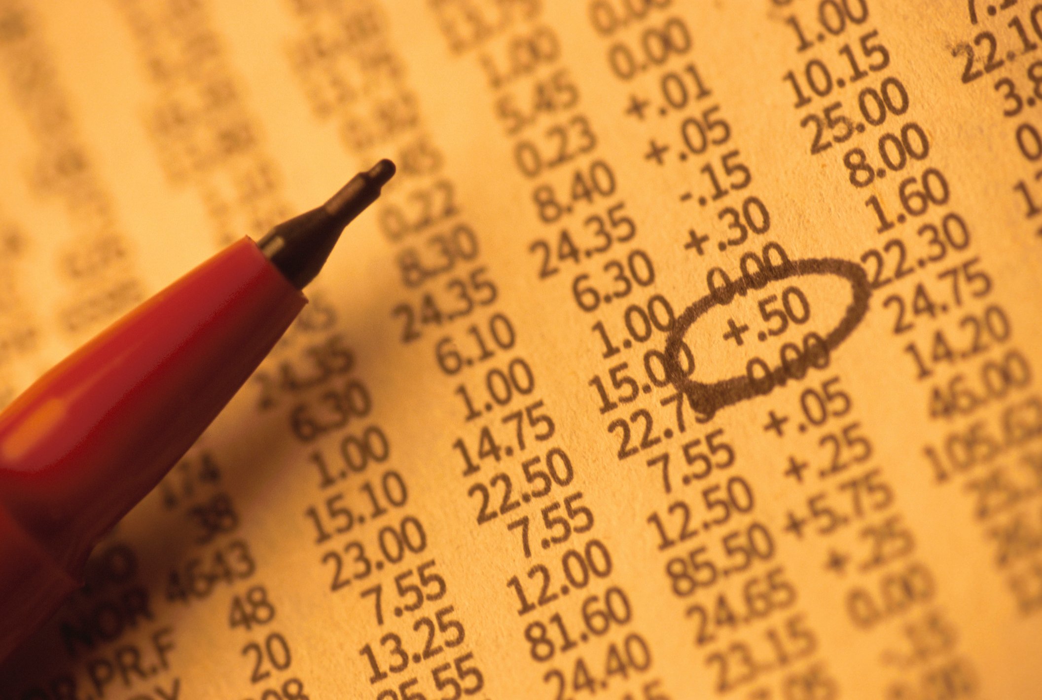 A person circling stocks in a financial newspaper. 