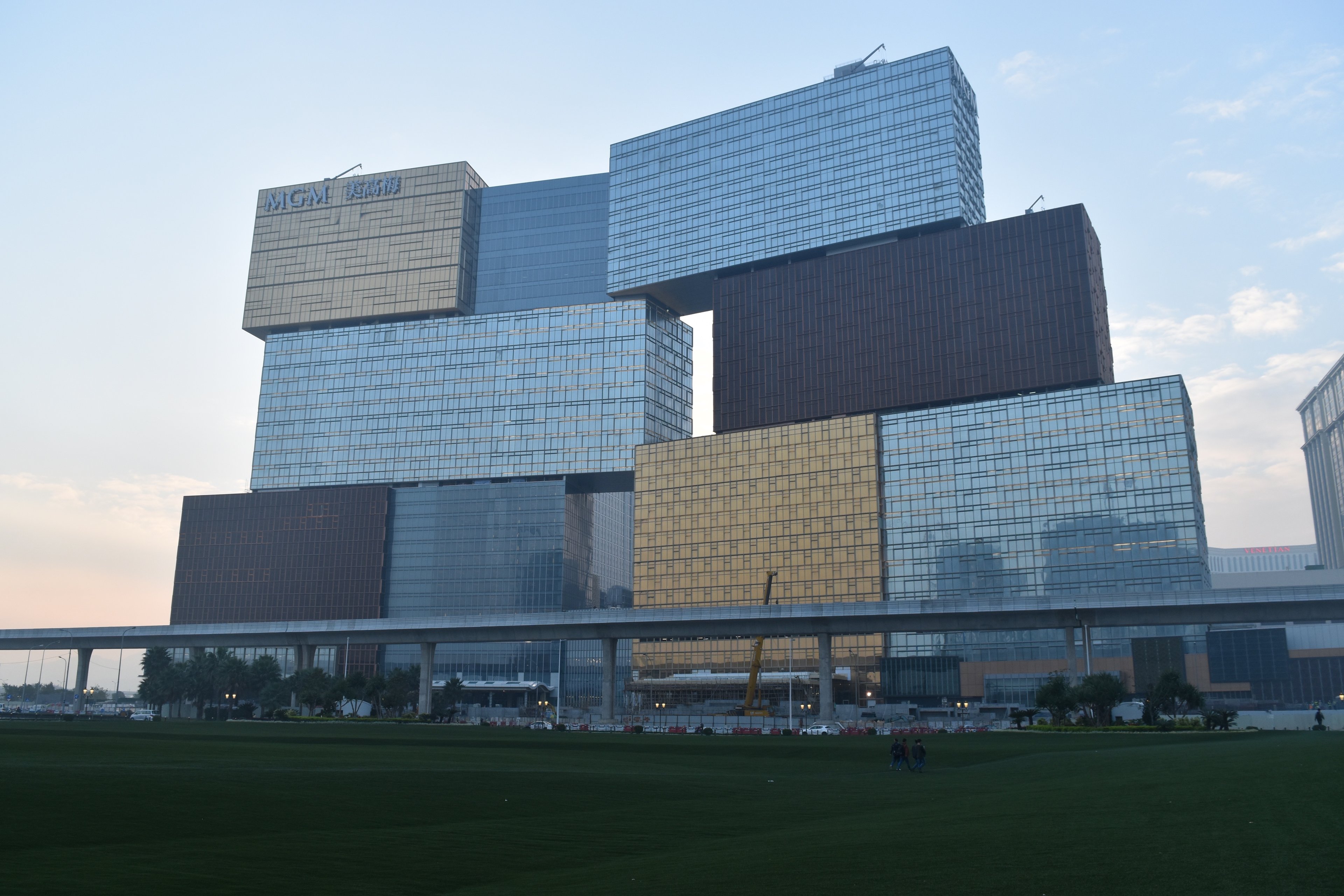 MGM's new resort in Macau, expected to open this summer, looks like shipping containers stacked on top of each other. 