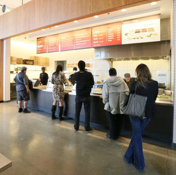 The inside of a Chipotle restaurant.