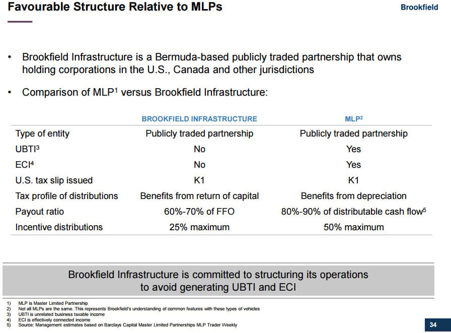 A slide comparing Brookfield Infrastructure Partners vs. MLPs. 
