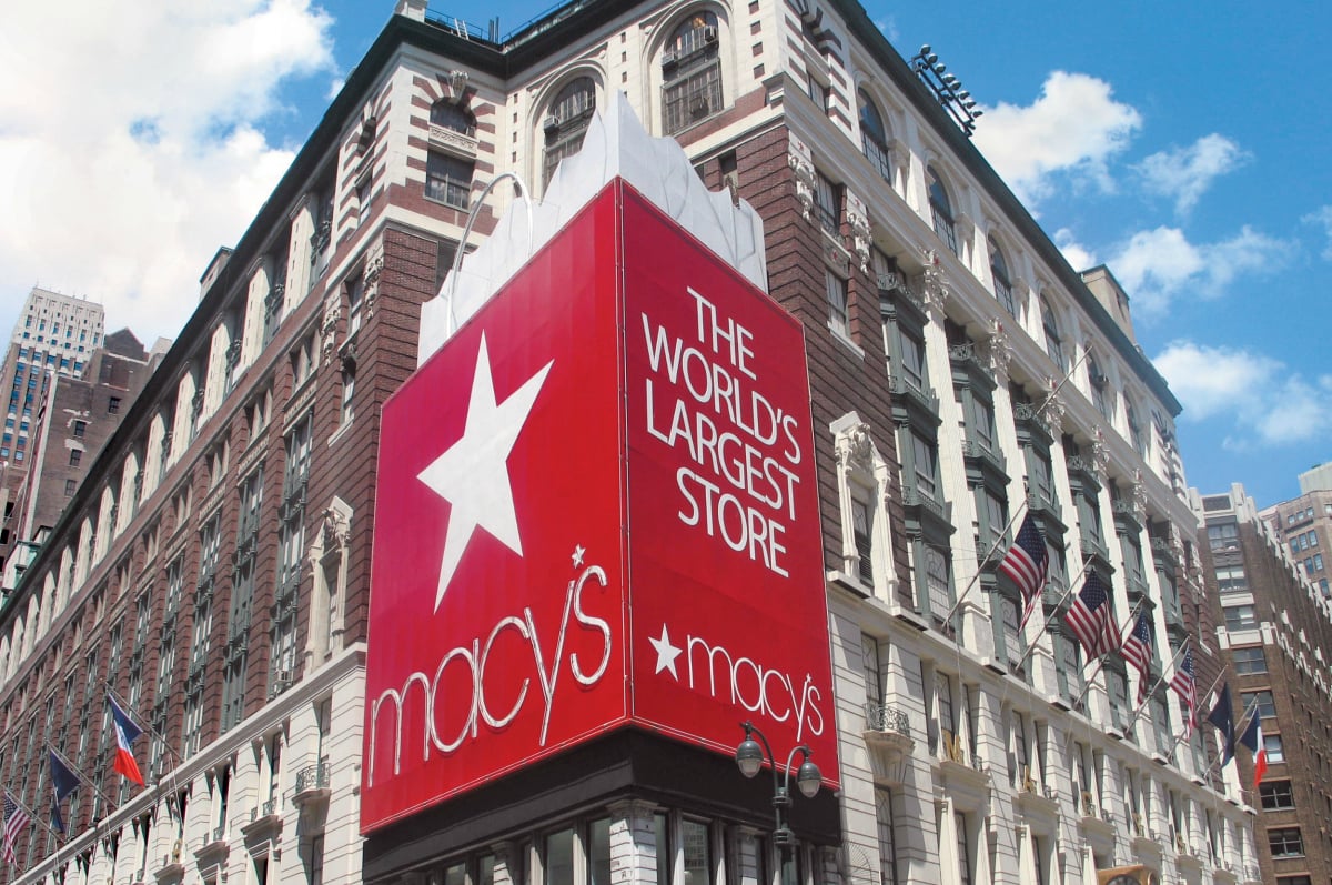 The exterior of a Macy's department store.