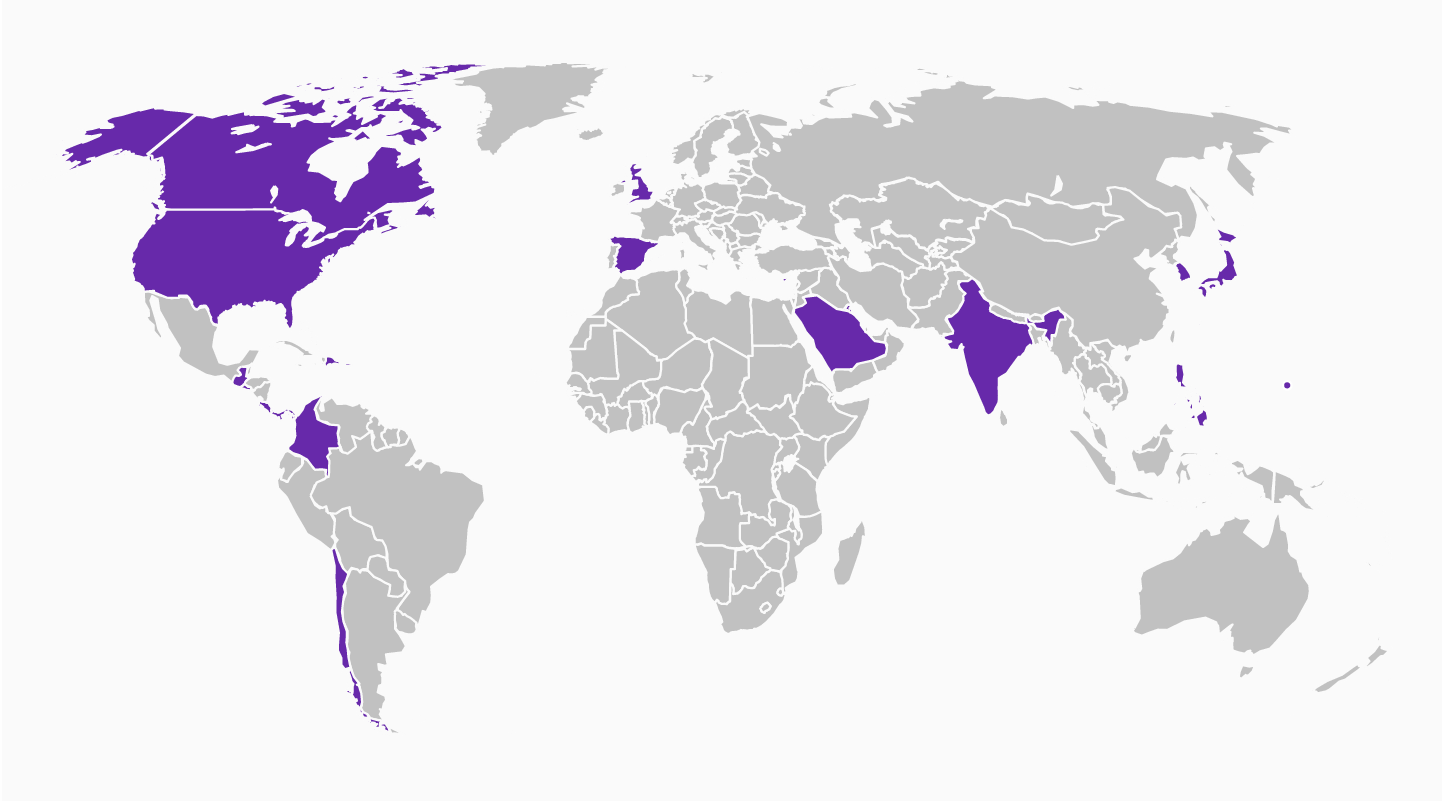 A map of the world showing countries that have a Taco Bell in purple and ones that don't in gray. Most of the world does not have a Taco Bell.