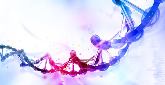 A digital depiction of a DNA strand.