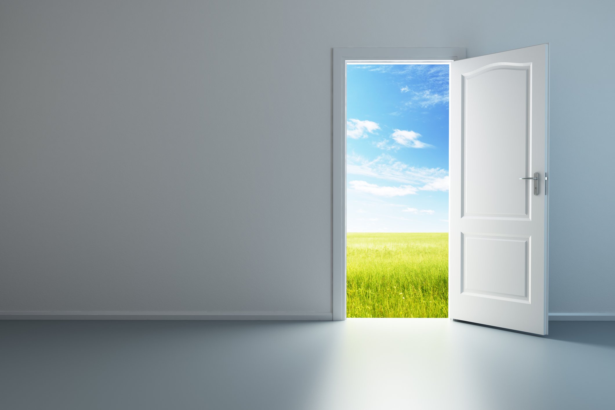 Open door with blue sky and a field behind
