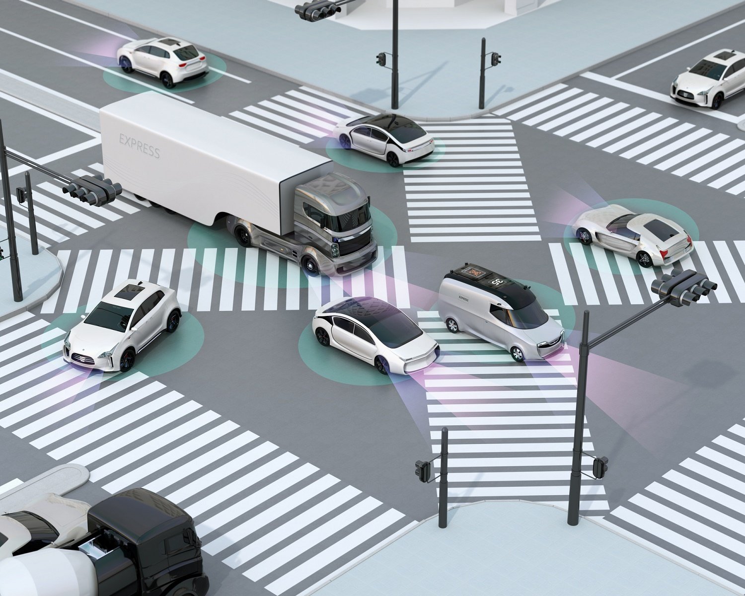 Rendering of autonomous vehicles on a public street. 