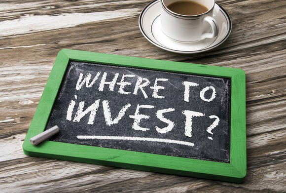 Chalkboard on a table with "Where to invest" written on it. 