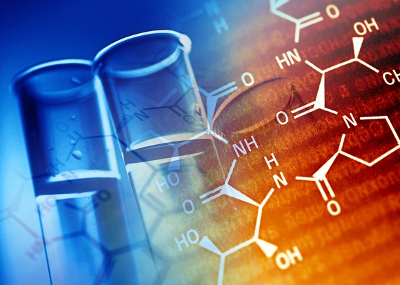 Test tubes with background of chemical structures