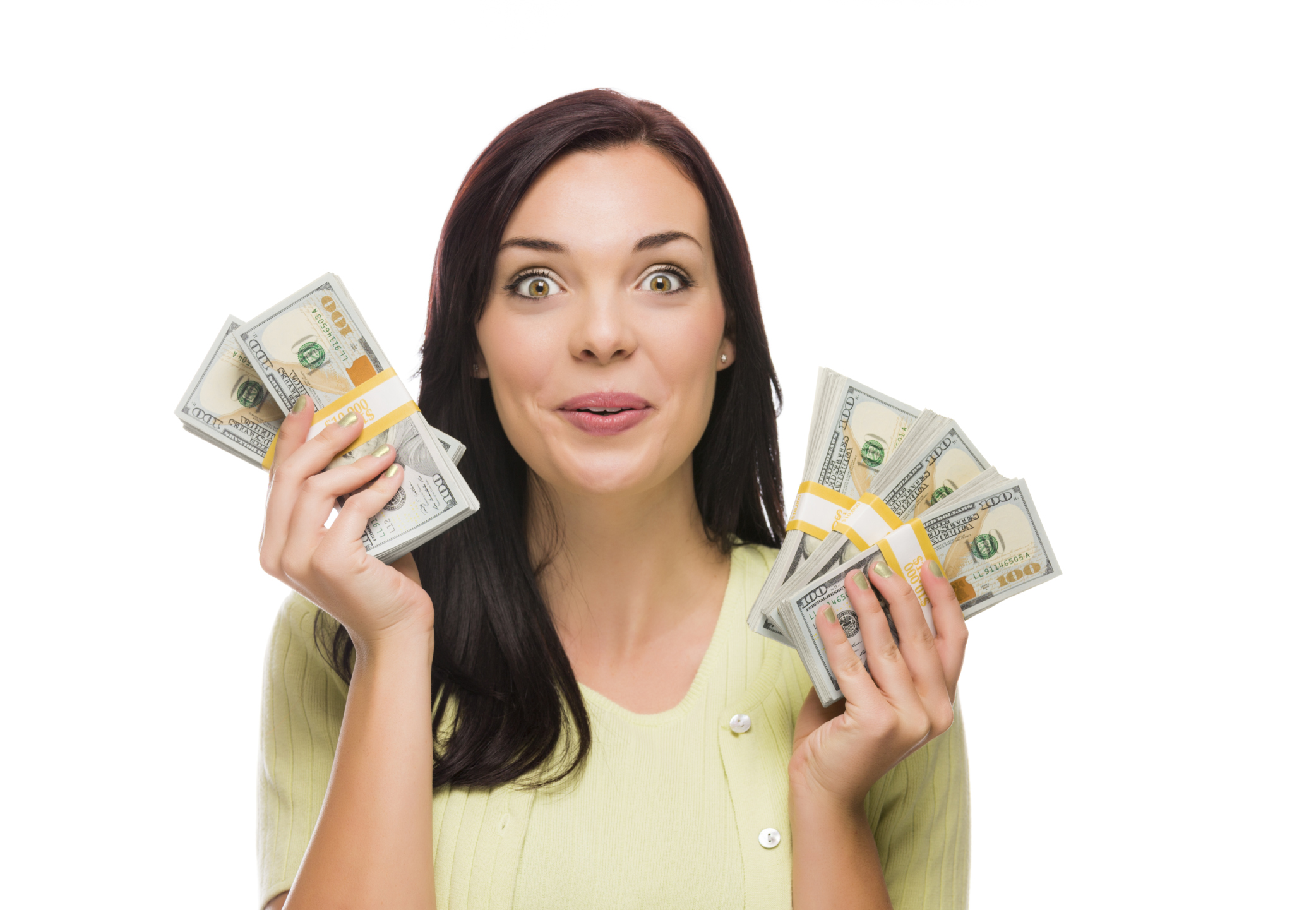 woman holding hundred dollar bills with crazed look on her face