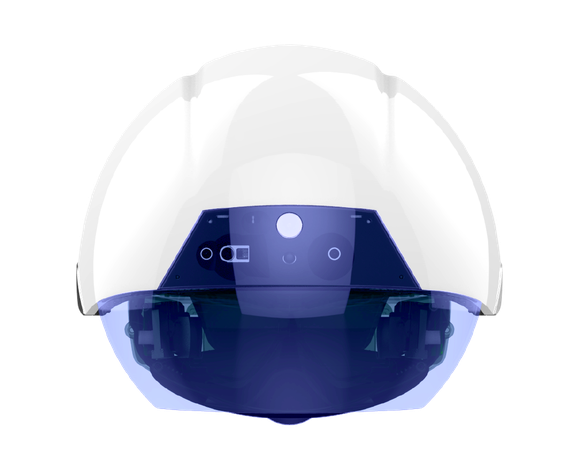 The smart helmet looks like a white hard hat with a blue visor over the front for viewing data overlaid on the real world.