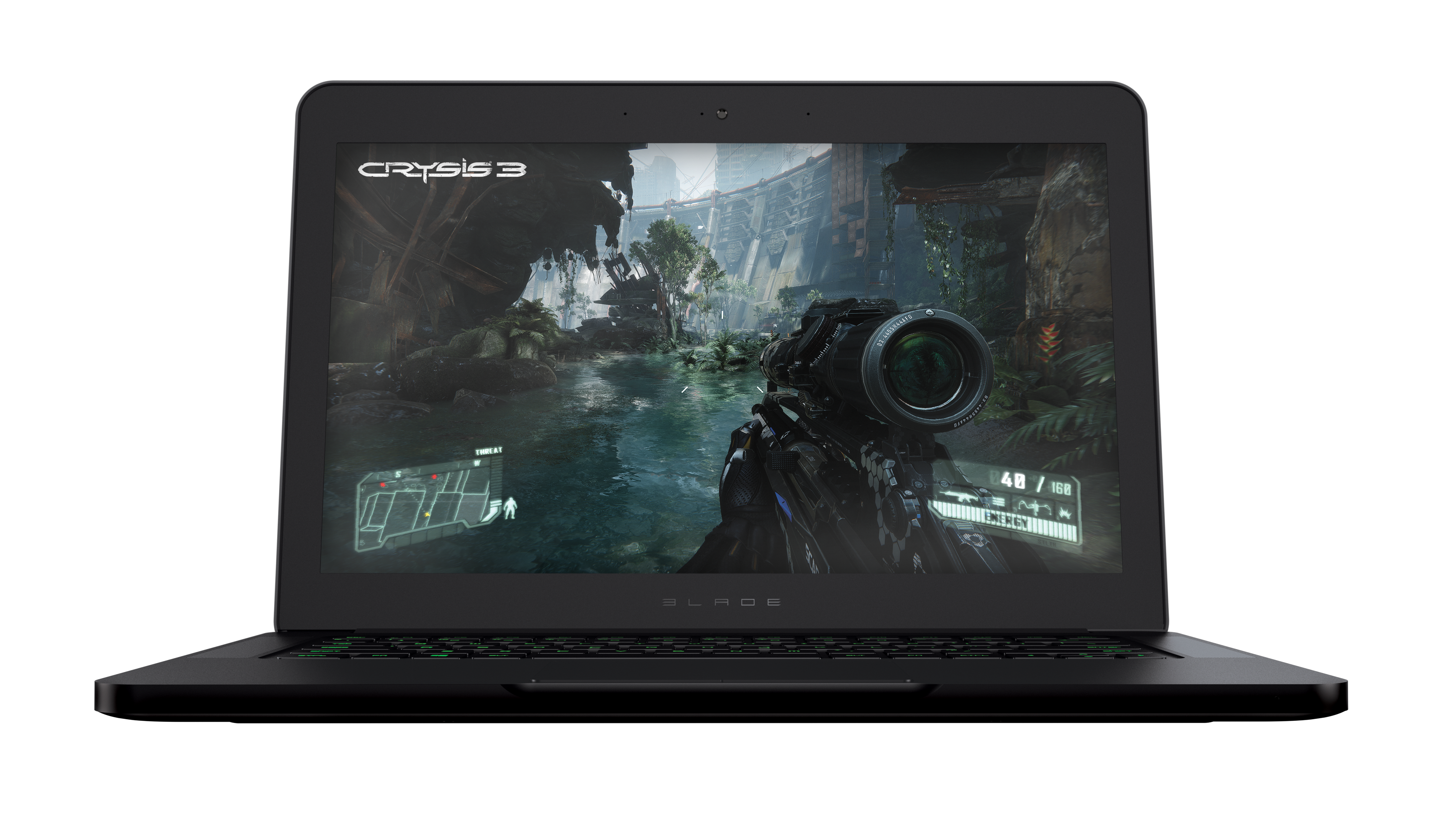 A screen shot of the first-person shooter game "Crysis 3" on a laptop