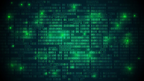 Binary code in green on a black background.